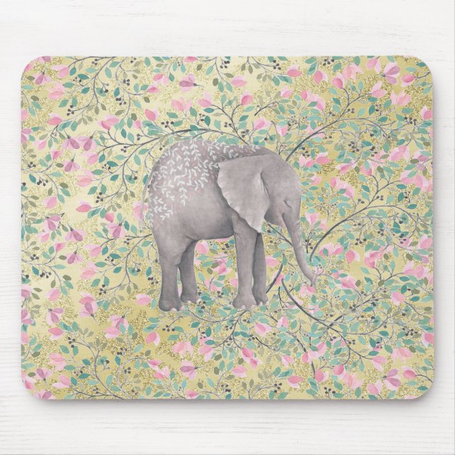 Watercolor Elephant Flowers Gold Glitter Mouse Pad (Front)