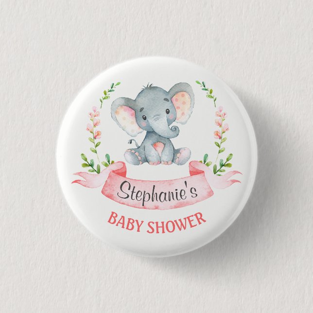 Watercolor Elephant Girl Baby Shower 1 Inch Round Button (Front)