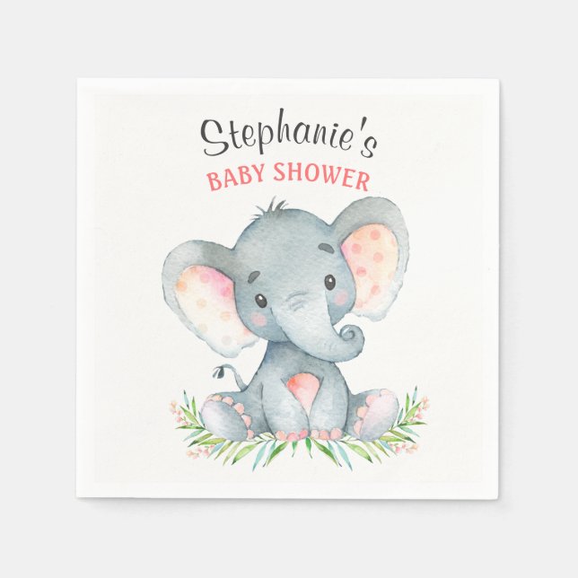Watercolor Elephant Girl Baby Shower Napkin (Front)