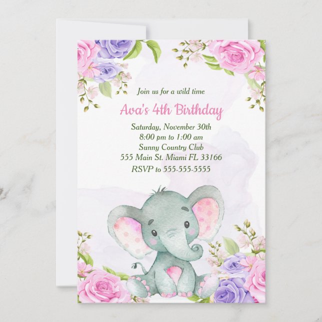 Watercolor Elephant Girl Birthday Invitation (Front)
