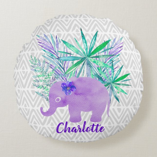 Watercolor Elephant Jungle Shibori Primitive Round Pillow (Front)