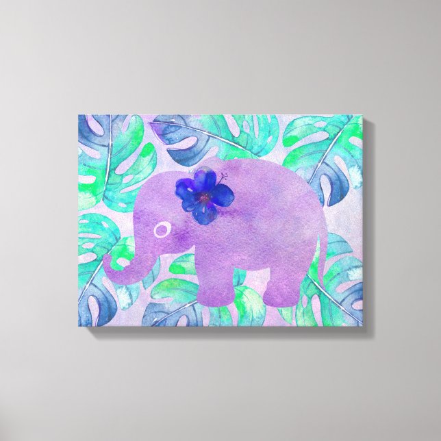 Watercolor Elephant Jungle Tropical Monstera Leaf Canvas Print (Front)