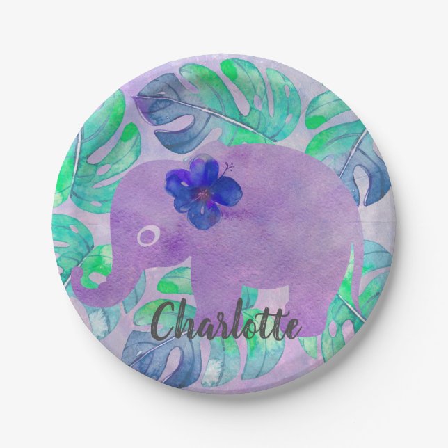 Watercolor Elephant Jungle Tropical Monstera Leaf Paper Plate (Front)