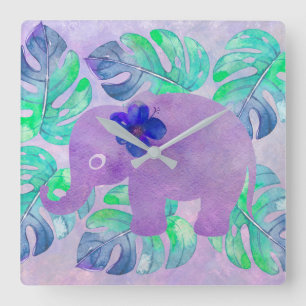 Watercolor Elephant Jungle Tropical Monstera Leaf Square Wall Clock