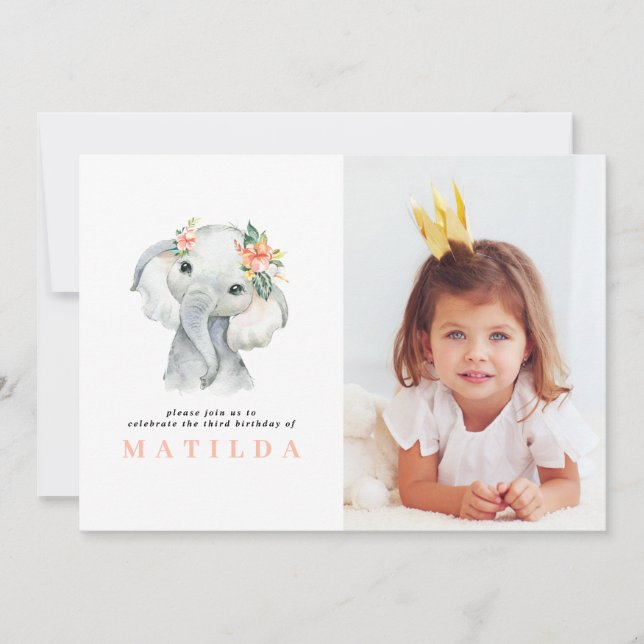 Watercolor elephant little girl birthday party (Front)