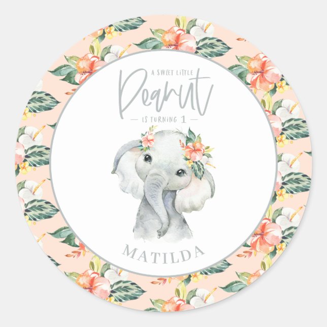 Watercolor elephant little peanut birthday party classic round sticker (Front)
