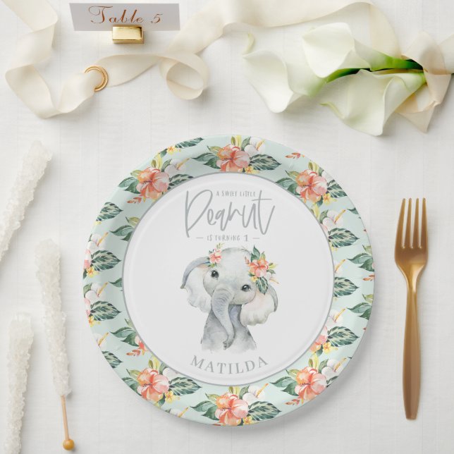 Watercolor elephant little peanut birthday party paper plate (Wedding)
