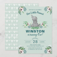 Watercolor Elephant Mint Green Floral 1st Birthday