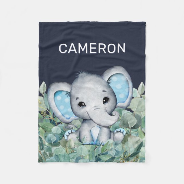 Watercolor Elephant Navy Blue Personalized Name Fleece Blanket (Front)