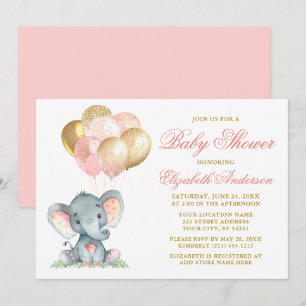 Watercolor Elephant Pink Gold Balloons Baby Shower Invitation