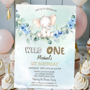  Watercolor Elephant Roses Leaves 1st  Invitation