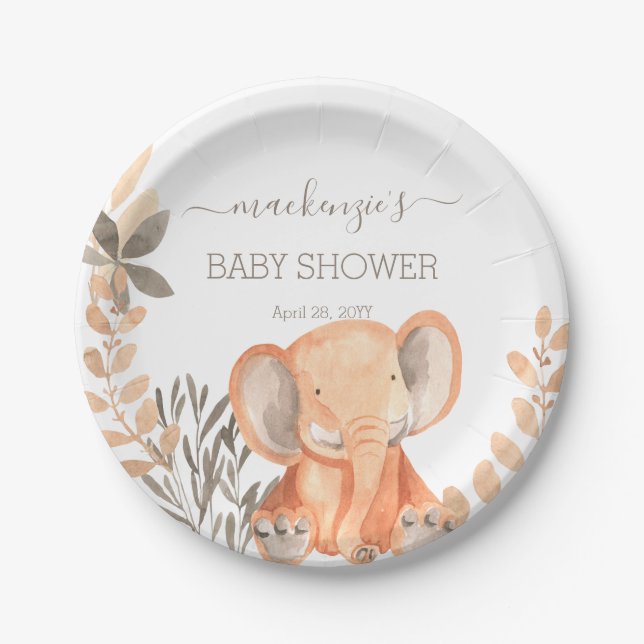 Watercolor Elephant Safari Baby Shower Paper Plate (Front)