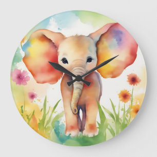 Watercolor Elephant Serene Colourful Large Clock