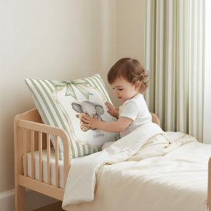 Watercolor Elephant Teddy Bear Hug Green Stripe  Throw Pillow