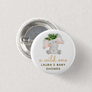 Watercolor Elephant Tropical Leaves Baby Shower 1 Inch Round Button