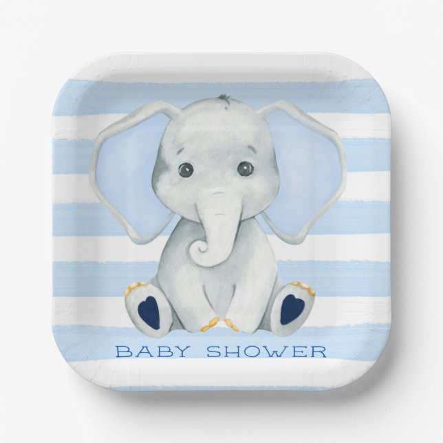 Watercolor Elephant With Blue Stripes Baby Shower Paper Plate (Front)