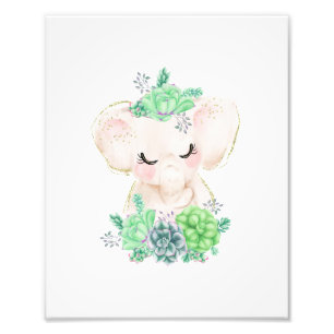 Watercolor Elephant with Succulents Photo Print