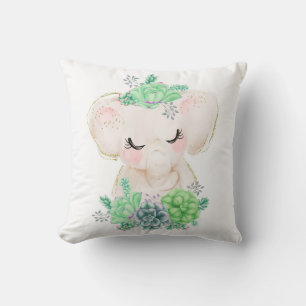 Watercolor Elephant with Succulents Throw Pillow