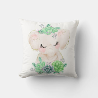 Watercolor Elephant with Succulents Throw Pillow
