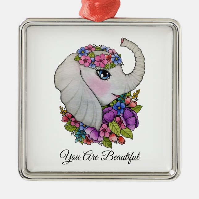 Watercolor Elephant With Wild Flowers Metal Ornament (Front)