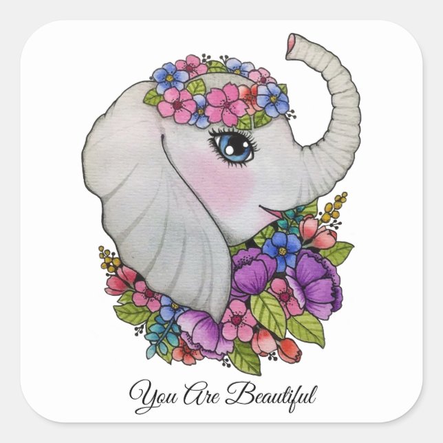 Watercolor Elephant With Wild Flowers Square Sticker (Front)