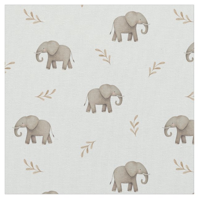 Watercolor Elephants Dusty Blue Nursery Pattern Fabric (Close Up)