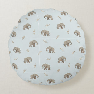 Watercolor Elephants Dusty Blue Nursery Pattern Round Pillow