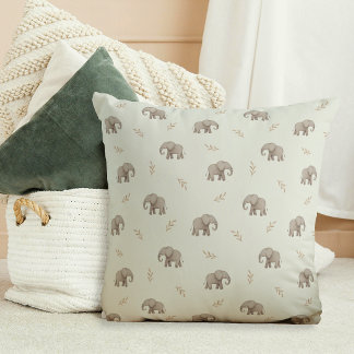  Watercolor Elephants Dusty Green Nursery Pattern Throw Pillow
