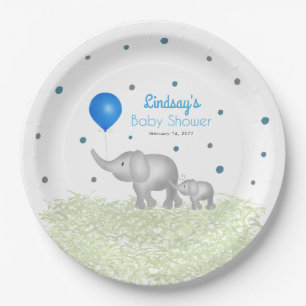 Watercolor Elephants Greenery Baby Boy Shower Paper Plate