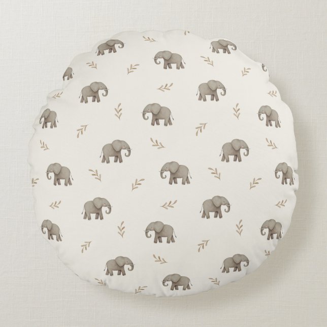  Watercolor Elephants Neutral Nursery Pattern Round Pillow (Front)
