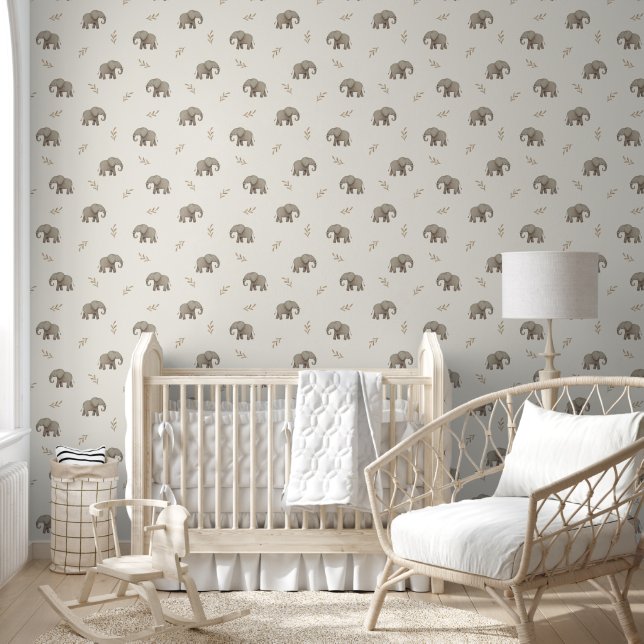  Watercolor Elephants Neutral Nursery Pattern Wallpaper (Kids)