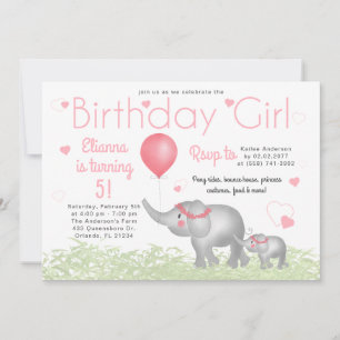 Watercolor Elephants & Pink Hearts Birthday Girl Invitation