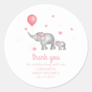 Watercolor Elephants & Pink Hearts Thank You Classic Round Sticker