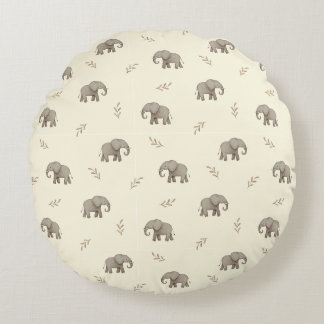 Watercolor Elephants Yellow Nursery Pattern Round Pillow