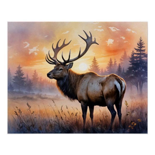 Watercolor Elk at Sunrise Poster (Front)