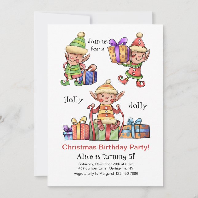 Watercolor Elves Christmas Birthday Invitation (Front)