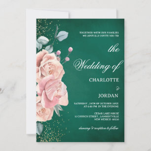 Watercolor Emerald Green And Blush Pink Wedding  Invitation