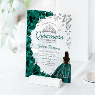Watercolor Emerald Green Roses Silver Quinceanera Acrylic Invitations