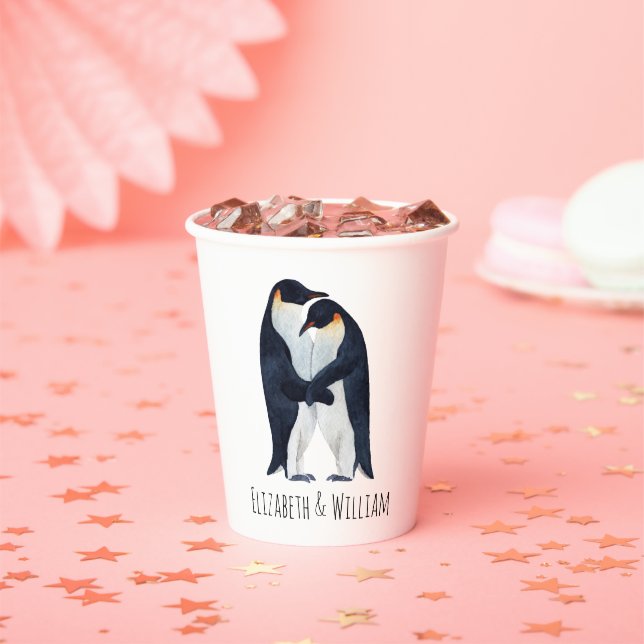  Watercolor Emperor Penguins Couple Name Paper Cups (Insitu)