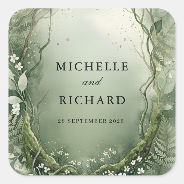 Watercolor Enchanted Forest Wedding Square Sticker (Front)