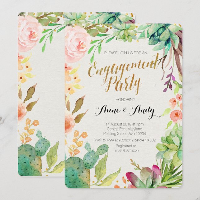 Watercolor Engagement invitation Boho Succulents (Devant / Derrière)