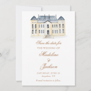 Watercolor English Manor Estate Wedding Save The Date