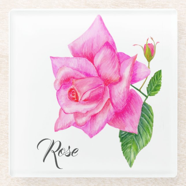 Watercolor English Rose Flower Glass Coaster (Front)