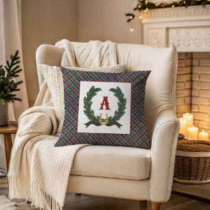 Watercolor Equestrian Laurel Wreath Monogram Throw Pillow