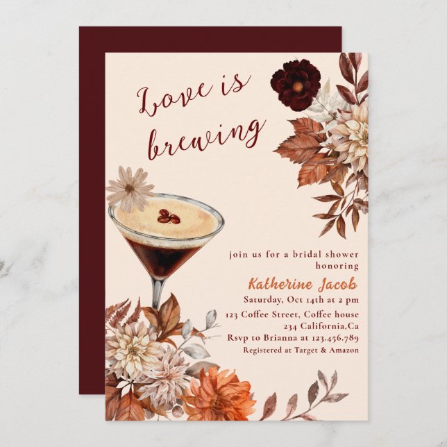 Watercolor Espresso Martini fall Bridal Shower Invitation (Front/Back)