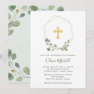 Watercolor Eucalyptus and Gold Cross   Baptism Invitation