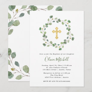 Watercolor Eucalyptus and Gold Cross   Baptism Invitation