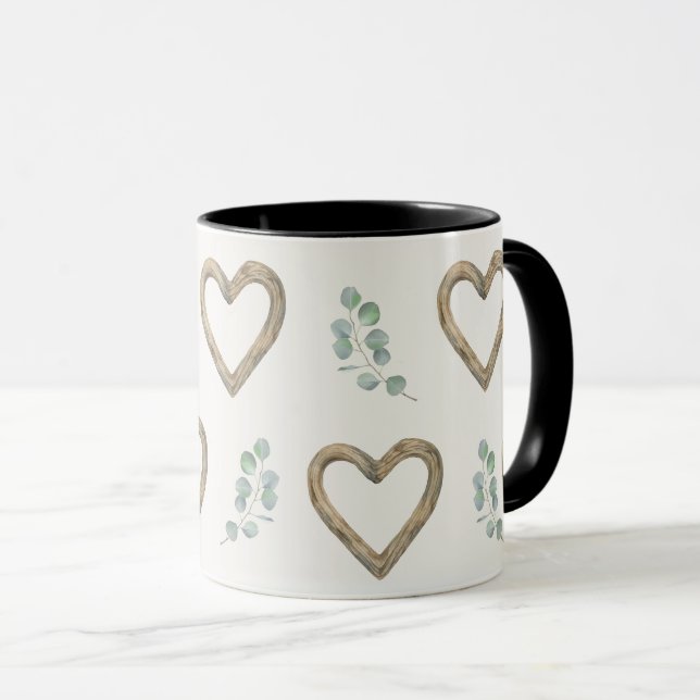 Watercolor eucalyptus and wood hearts mug (Front Right)