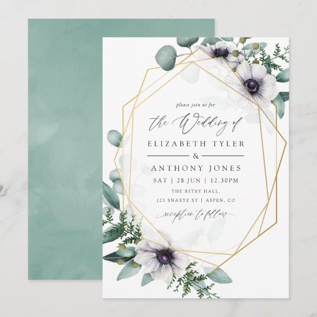 Watercolor Eucalyptus Anemone Geometric Wedding Invitation (Front/Back)