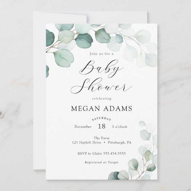 Watercolor Eucalyptus Baby Shower Invitation (Front)